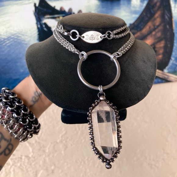 Double chain big Natural Crystal quartz black electroplated boho goth necklace - Picture 14 of 15